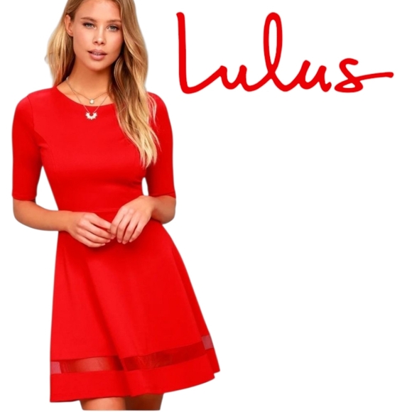 Lulus Sheer Factor Red Mesh Skater Dress Med-weight Knit Back Zip Round Neck LG - Picture 1 of 16